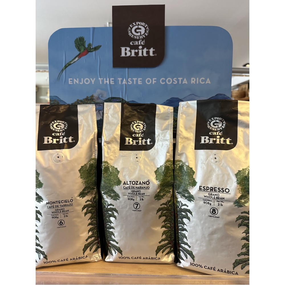Café Britt® - Kostarikas kafijas komplekts (908 g) (3 kafiju iepakojums) (kafija no: Tarrazú, Naranjo un Espresso) - veselas pupiņas, Arabica kafija, košers, bezglutēna, gardēžu un vidēji gaiša un tumša grauzdējuma