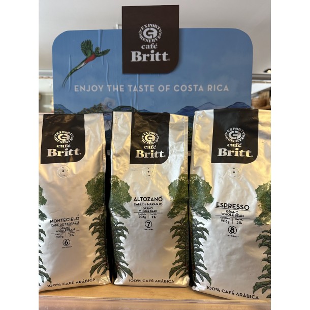 Café Britt® - Kostarikas kafijas komplekts (908 g) (3 kafiju iepakojums) (kafija no: Tarrazú, Naranjo un Espresso) - veselas pupiņas, Arabica kafija, košers, bezglutēna, gardēžu un vidēji gaiša un tumša grauzdējuma