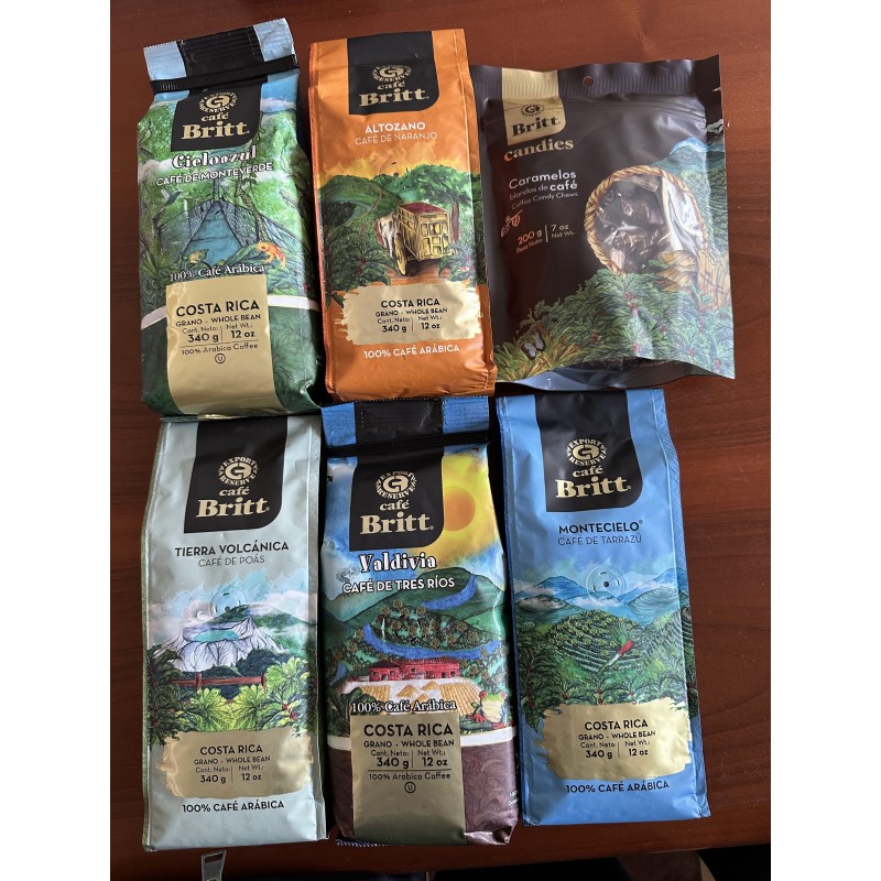 Café Britt® - Kostarikas kafijas komplekts 5xORIGIN (340 GR.) (5 iepakojumi + dāvana) (kafija no: Poas, Tres Rios, Tarrazú, Naranjo un Monteverde) - veselas pupiņas, Arabica kafija, košera, bezglutēna, gardēžu un vidēji gaiša un tumša grauzdējuma