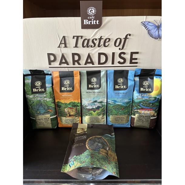 Café Britt® - Kostarikas kafijas komplekts 5xORIGIN (340 GR.) (5 iepakojumi + dāvana) (kafija no: Poas, Tres Rios, Tarrazú, Naranjo un Monteverde) - veselas pupiņas, Arabica kafija, košera, bezglutēna, gardēžu un vidēji gaiša un tumša grauzdējuma